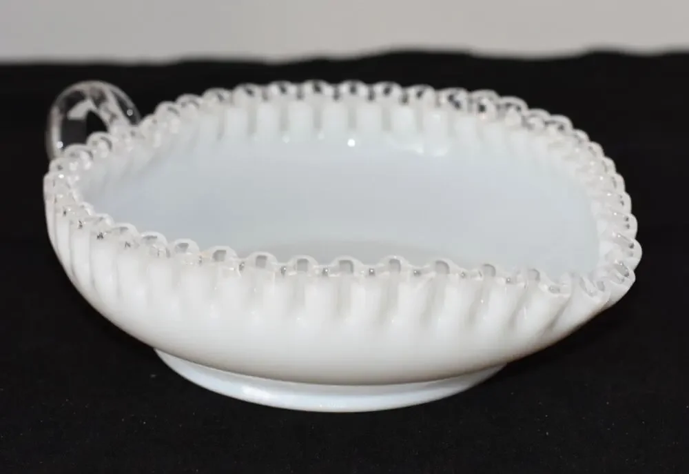 Fenton Silver Crest White Milk Glass Ruffled Edge Heart Candy Dish